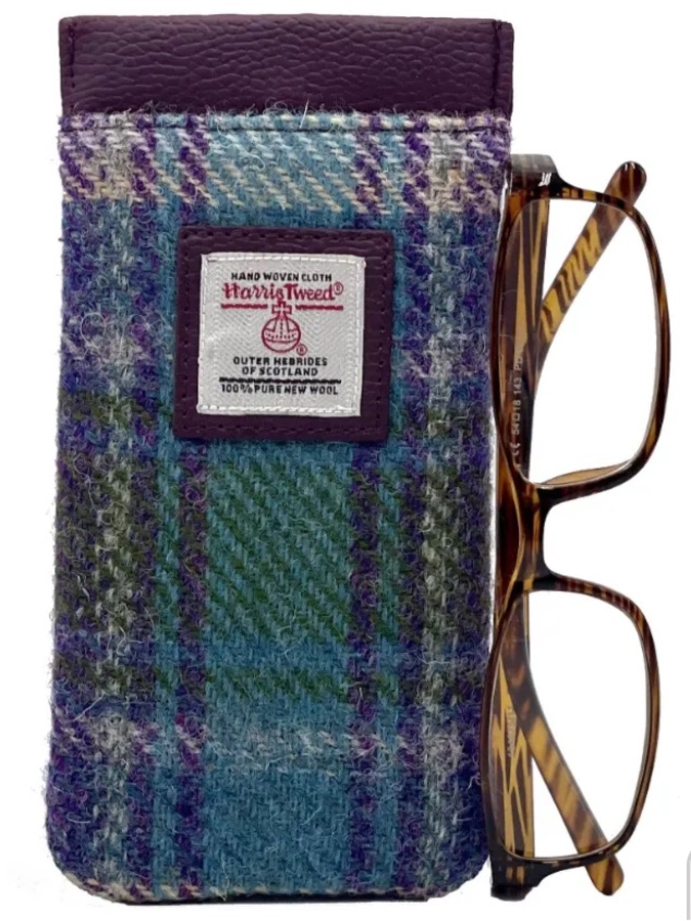 HARRIS TWEED Wool Glasses Case Pouch Holder Leather Scotland Maccessori NWT